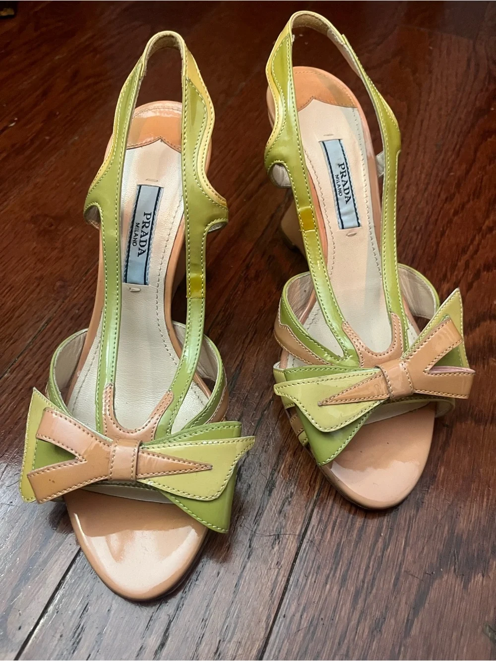 PRADA Lime Green and Beige Bow T-Strap Heels - Picture 1 of 6